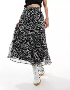 Черная многоярусная юбка миди New Look с принтом