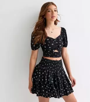 Черная многоуровневая юбка с цветочным принтом для девочек New Look, черный