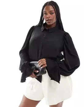Черная мягкая рубашка с объемными рукавами и рюшами на манжетах ASOS DESIGN Curve