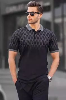 Черная мужская футболка-поло приталенного кроя с рисунком 6109 MADMEXT