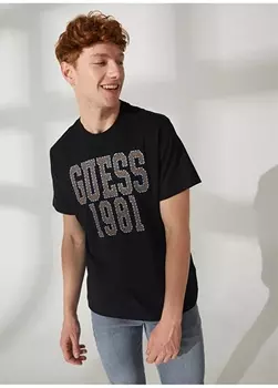 Черная мужская футболка с круглым вырезом с принтом Guess