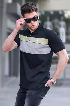 Черная мужская футболка в полоску с воротником поло 5864 MADMEXT