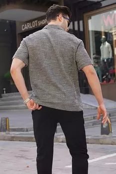 Черная мужская рубашка в полоску с коротким рукавом 5595 MADMEXT