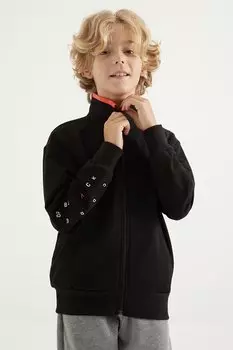 Черная мужская толстовка на молнии с базовым воротником-стойкой стандартной посадки и вышивкой TOMMYLIFE