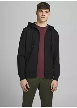 Черная мужская толстовка с круглым вырезом на молнии с капюшоном Jack & Jones