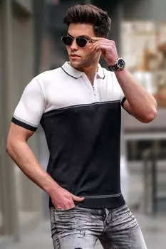 Черная мужская трикотажная футболка с воротником-поло на молнии 5731 MADMEXT