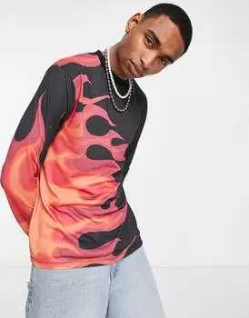 Черная непринужденная футболка с длинными рукавами и принтом пламени ASOS DESIGN