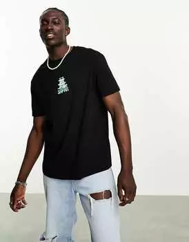 Черная непринужденная футболка с японским принтом на груди ASOS DESIGN
