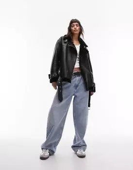 Черная объемная байкерская куртка-авиатор из искусственной кожи Topshop