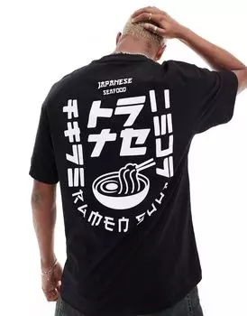 Черная объемная футболка с принтом рамэн на спине Jack & Jones