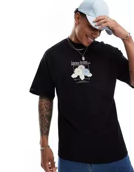 Черная объемная футболка с японским цветочным принтом на груди Selected Homme