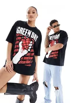 Черная объемная футболка унисекс с лицензионным ремешком ASOS DESIGN с графикой Green Day