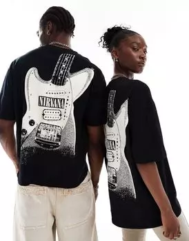 Черная объемная футболка унисекс с лицензионным ремешком ASOS DESIGN с графикой гитары Nirvana