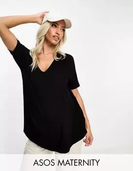 Черная объемная футболка в рубчик с v-образным вырезом ASOS DESIGN Maternity