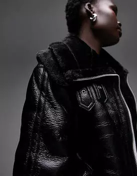 Черная объемная куртка-авиатор с молнией спереди и двойным воротником Topshop Tall