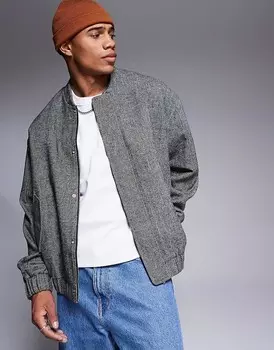 Черная объемная куртка-бомбер из шерсти с узором «елочка» ASOS DESIGN