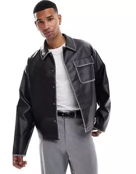Черная объемная куртка Harrington свободного кроя ASOS Design – из искусственной кожи с контрастной строчкой
