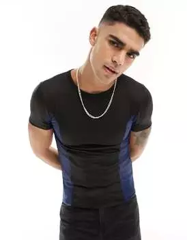 Черная облегающая футболка ASOS с темно-синими сетчатыми вставками по бокам
