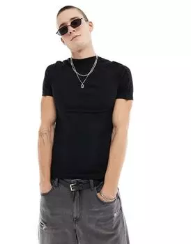 Черная обтягивающая футболка с ребристыми вставками ASOS DESIGN