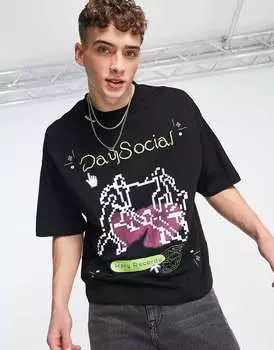 Черная оверсайз-футболка ASOS Daysocial с большим графическим принтом спереди