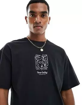 Черная оверсайз-футболка с бесконечным принтом на груди Jack & Jones