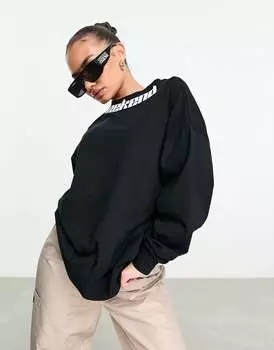 Черная оверсайз-футболка с длинными рукавами и логотипом на воротнике ASOS Weekend Collective
