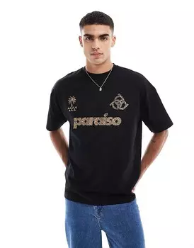 Черная оверсайз-футболка с леопардовым принтом Paraiso ASOS DESIGN спереди