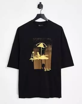 Черная оверсайз-футболка с принтом желтого зонтика спереди и сзади ASOS DESIGN