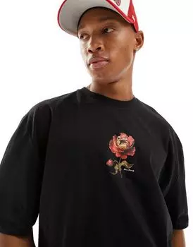 Черная оверсайз-футболка с розами на груди ASOS