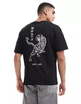 Черная оверсайз-футболка с тигровым принтом на спине Jack & Jones