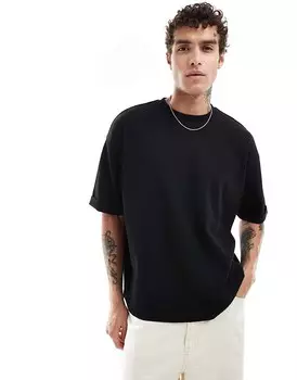 Черная оверсайз-футболка с вафельной текстурой и закатанными рукавами ASOS DESIGN