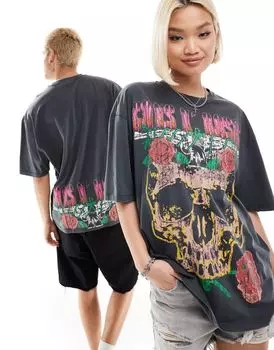 Черная оверсайз-футболка унисекс с полосками ASOS DESIGN и графическим принтом в виде черепов Guns N Roses
