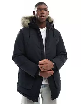 Черная парка Jack & Jones со съемным капюшоном, отделанным искусственным мехом