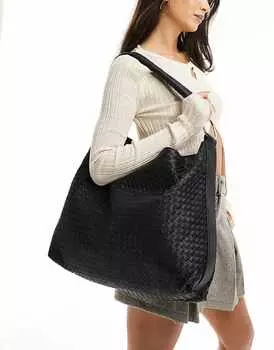 Черная плетеная сумка с напуском River Island