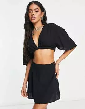 Черная пляжная мини-юбка с запахом спереди ASOS