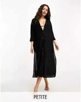 Черная пляжная рубашка макси с эффектом льна Miss Selfridge Petite