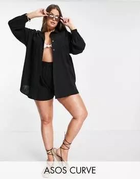 Черная пляжная рубашка оверсайз из натуральной кожи ASOS DESIGN Curve