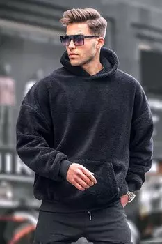 Черная плюшевая мужская толстовка с капюшоном 6050 MADMEXT