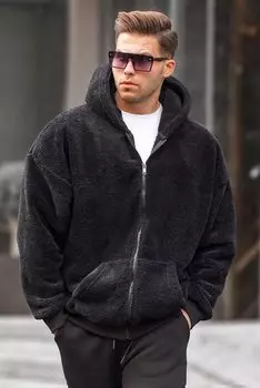 Черная плюшевая мужская толстовка с капюшоном и молнией 6049 MADMEXT