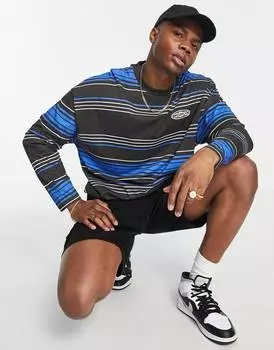 Черная полосатая футболка оверсайз с длинными рукавами и принтом на груди ASOS DESIGN