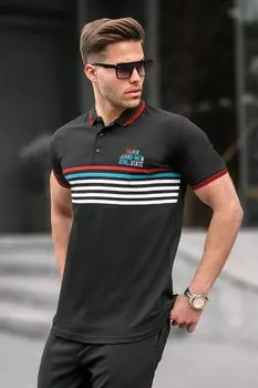 Черная полосатая футболка поло 5869 MADMEXT