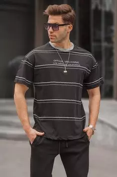 Черная полосатая мужская футболка удобного кроя с круглым вырезом 6063 MADMEXT