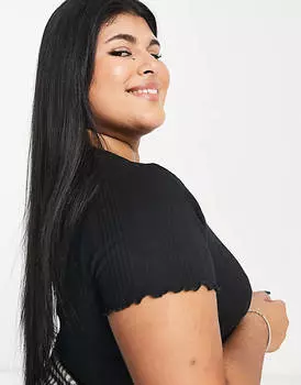 Черная приталенная футболка с салатовой каймой в рубчик ASOS DESIGN Curve