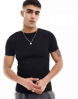 Черная приталенная футболка в рубчик ASOS