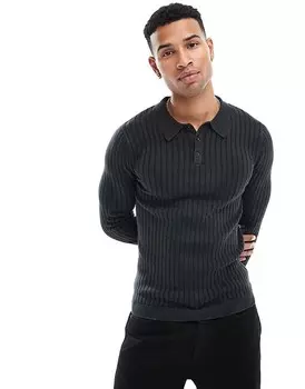 Черная приталенная трикотажная рубашка-поло ASOS DESIGN