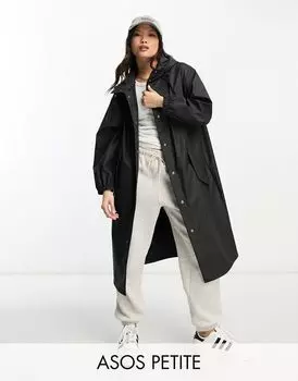 Черная прорезиненная парка-дождевик ASOS DESIGN Petite