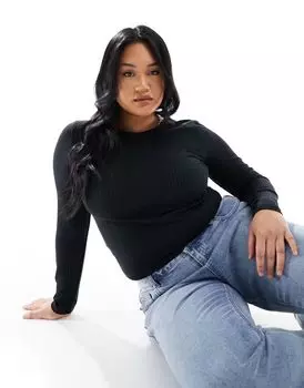 Черная прозрачная футболка в рубчик с длинными рукавами ASOS DESIGN Curve