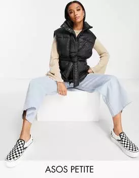 Черная пуховая куртка с поясом ASOS DESIGN Petite