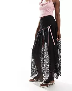 Черная ярусная юбка макси Miss Selfridge с кружевом и бантом