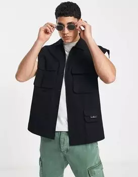 Черная рубашка без рукавов с накладными карманами Topman